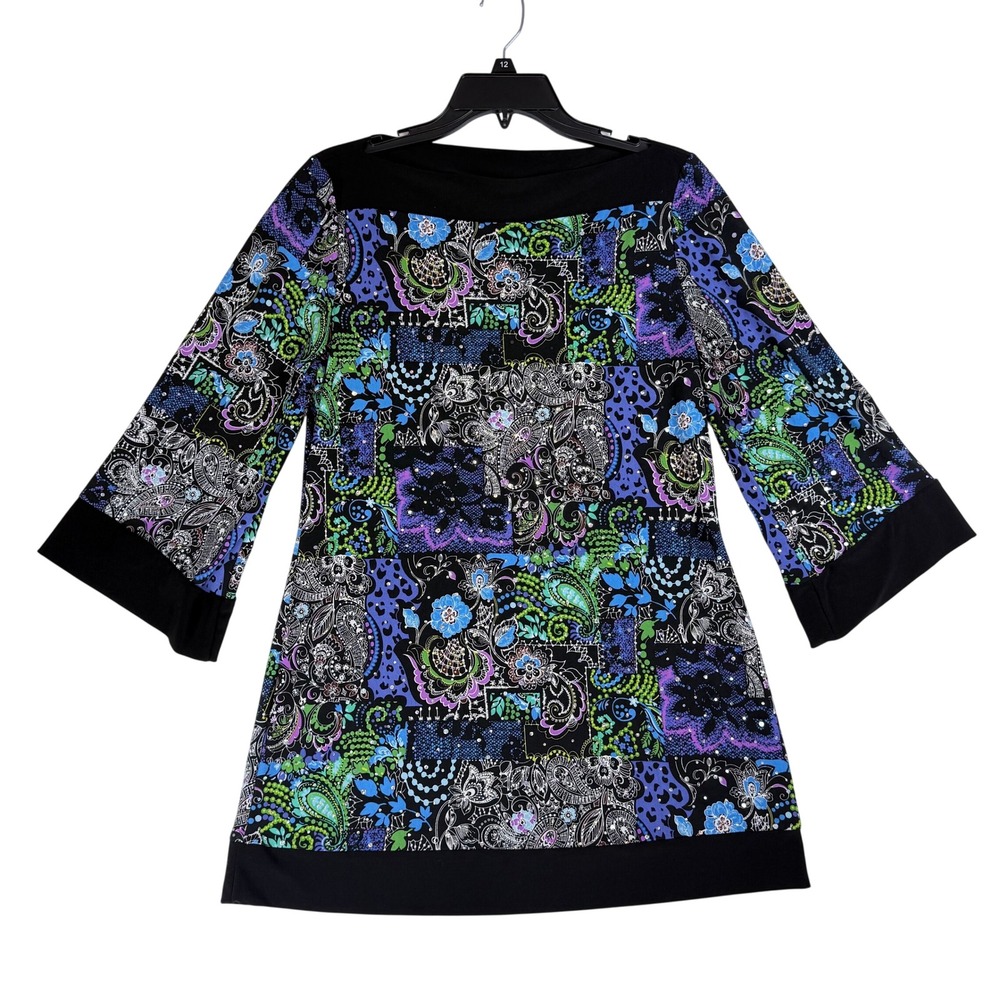 Dressbarn Tunic Top Womens L Paisley Patchwork Rhinestone Boho Eclectic Artsy